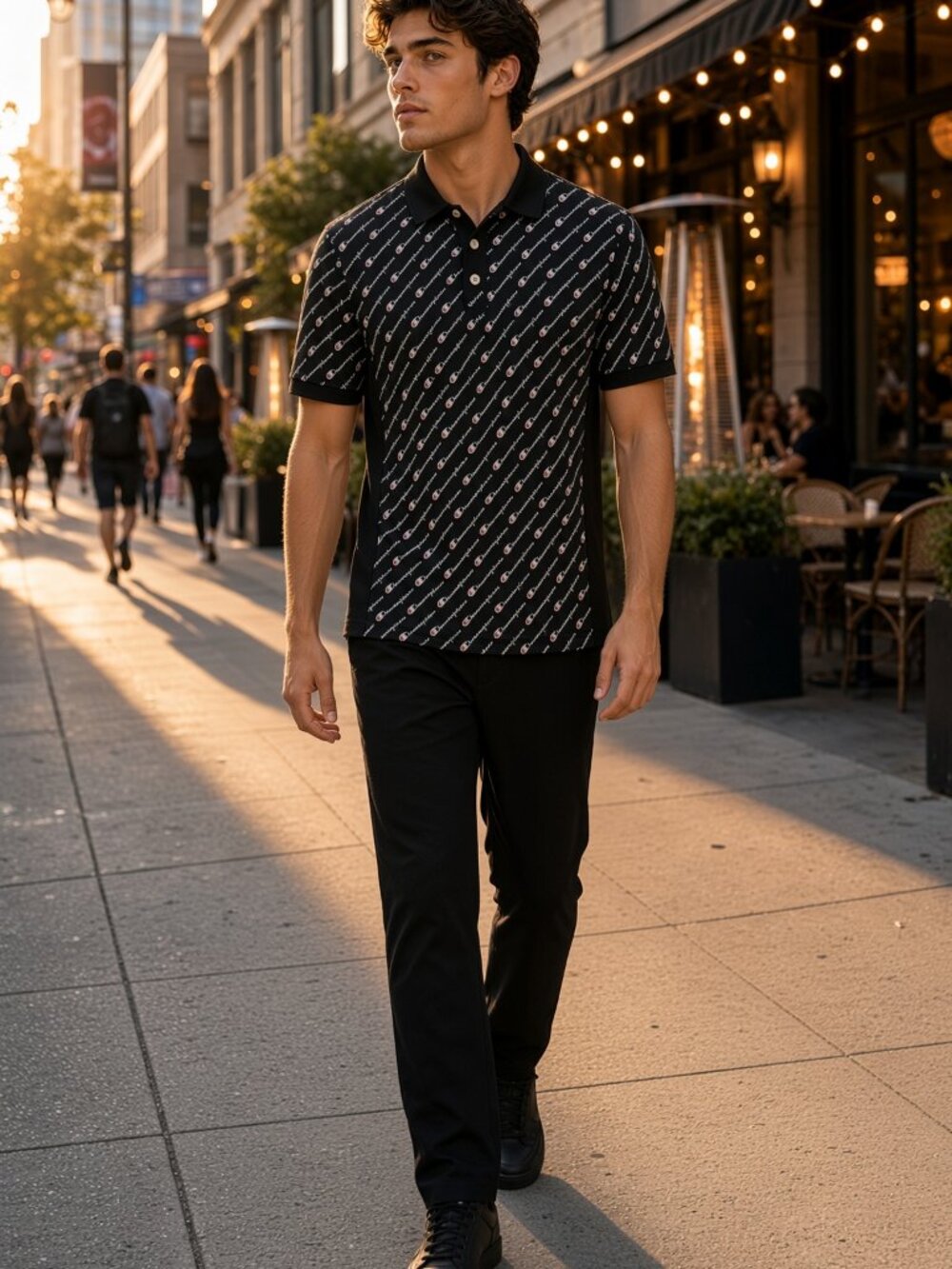 Champion Men Black Polo Short Sleeve Logo Pattern 3-Button Jersey US S